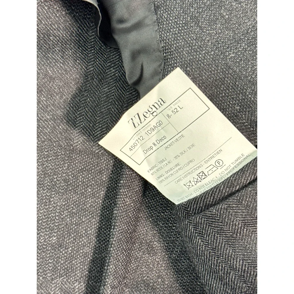 Z Zegna Mens 52L Charcoal Grey Wool Silk Herringbone Blazer Jacket Drop 8 Deco